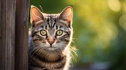 Fototapeta premium Alert Tabby Cat with Green Eyes on Fence Post