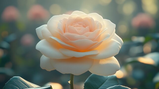 Peach rose blooming in sunny garden, blurred background.