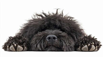 Fluffy black dog lying down, paws forward, isolated on white.