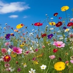 Fototapeta premium Vibrant wildflowers bloom brightly under a summer sky