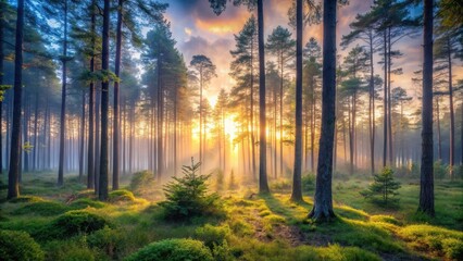 Obraz premium Serene forest at dusk with soft light filtering through trees and gentle mist , landscape, woodland, landscape, woodland