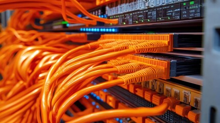 Server rack with orange cables.