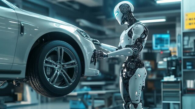 Humanoid robot conducting mechanical adjustments on a car in a modern auto shop, showcasing AI-driven precision in automotive maintenance. Video made using Generative AI
