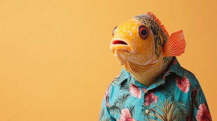 Man with fish head wearing Hawaiian shirt against orange background.