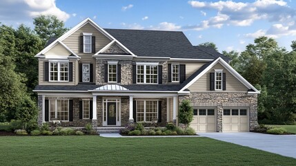Two-story house with stone and siding exterior, large windows, attached garage, and landscaping.