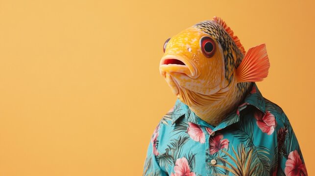 Man with fish head wearing Hawaiian shirt against orange background.