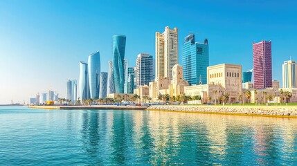 Fototapeta premium Vibrant Cityscape with Modern Buildings and Calm Water at Daytime