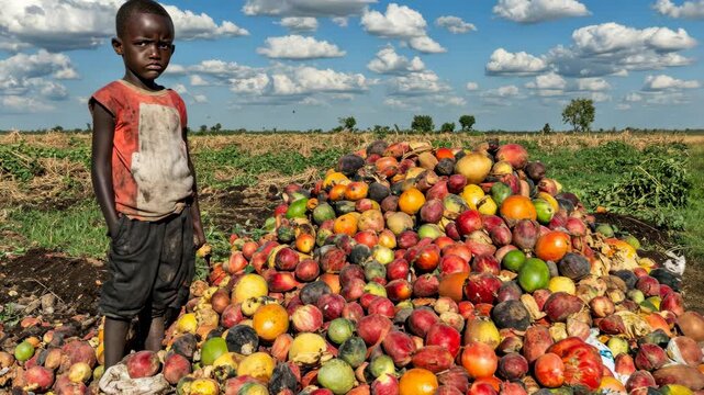 Child stands beside a large pile of discarded fruits in a rural landscape under a cloudy sky