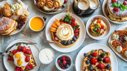 Colorful Breakfast Spread with Pancakes, Fruits, and Drinks