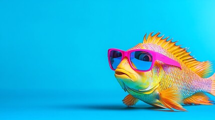 Naklejka premium Colorful cartoon fish wearing pink sunglasses against a blue background.
