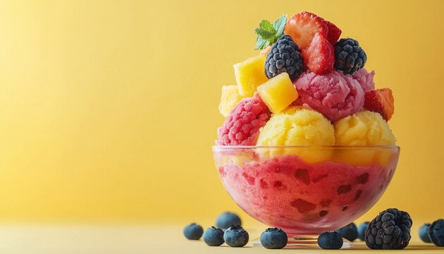 A colorful fruit sorbet in a bowl with fresh fruit on top, placed against a solid background - Powered by Adobe