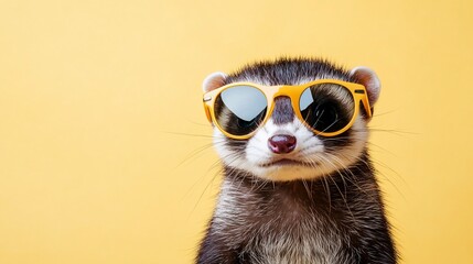 Cool ferret wearing yellow sunglasses against a yellow background.