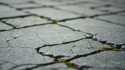 Obraz premium A single, delicate plant pushes through the cracks in a gray stone pathway, a testament to the enduring power of nature.