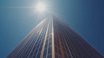Low angle view of a modern skyscraper reaching for the bright sun in a clear blue sky.