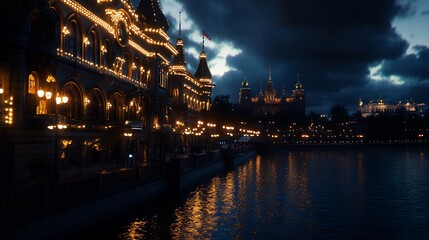 Fototapeta premium Night View of Illuminated Buildings and River in City