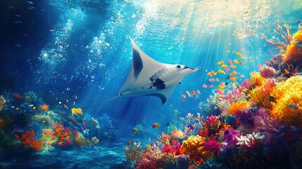 Majestic Manta Ray Swimming Gracefully Through Colorful Coral Reef
