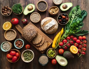 An overhead shot of a wooden table filled with colorful fresh produce, grains, and herbs. Highlights include avocados, cherry tomatoes, leafy greens, and rustic bread.  healthy eating