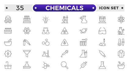 Chemicals outline icons - flask, lab tube, scientist, dropper, petri dish, beaker, experiment, education, biotechnology. Thin line art about laboratory research.