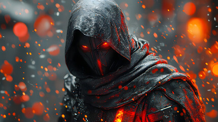 Hooded figure with glowing red eyes in fiery snow.