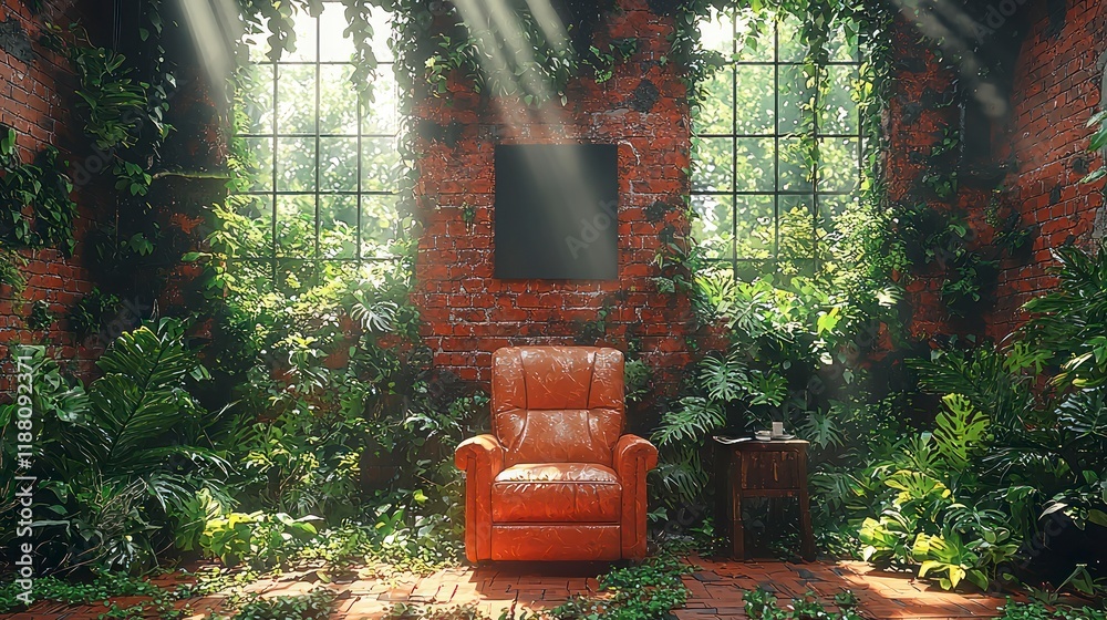 Poster Sunlit plant-filled room, chair.