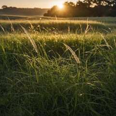 A peaceful and serene scene at sunrise, with blades of grass gently blowing in the wind. The sun is low on the horizon, casting a soft golden glow over the landscape. 