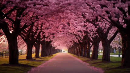 Cherry Blossom trees in full bloom, ambient light, light background with space on the left side of the frame,generative ai illustration