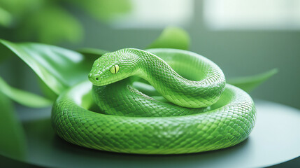 Obraz premium A 3D image of a green snake, the Chinese New Year according to the Lunar calendar, symbolizing the signs of the zodiac. 