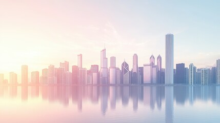 Fototapeta premium Serene Cityscape Reflection at Dawn with Soft Pastel Colors