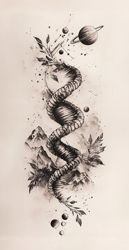 Black and white tattoo depicting a DNA chain intertwined with mountains, planets, leaves and watercolor splashes. Tattoo sketch. 