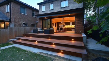 Modern home's backyard deck with illuminated stairs at dusk.