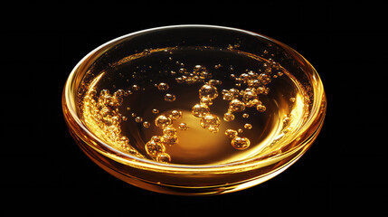Glass bowl of gold oil  on black background, top view.