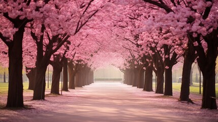 Naklejka premium Cherry Blossom trees in full bloom, ambient light, light background with space on the left side of the framegenerative ai illustration