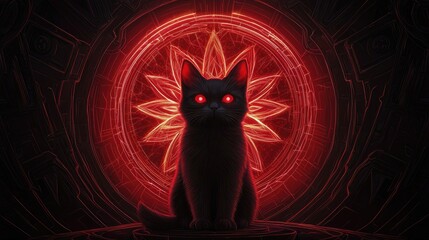 Mystical black cat with red eyes dark background digital art surreal environment close-up view fantasy concept