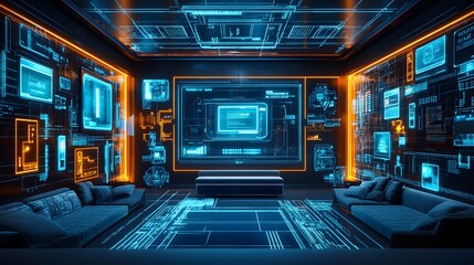 Obraz premium A modern minimalist home with AI-controlled appliances shown as holograms through a VR headset, featuring bright lighting. Perfect for promoting smart home tech or AI-driven control systems.