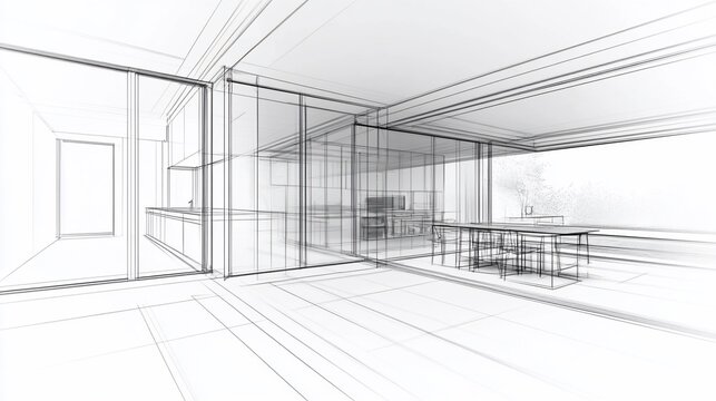 Architectural blueprint of modern open-plan home interior design, showing kitchen, dining, and living areas.