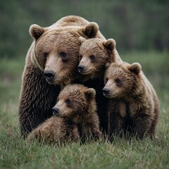 Fototapeta premium A bear family—mother and two cubs—cuddling together on a white background.