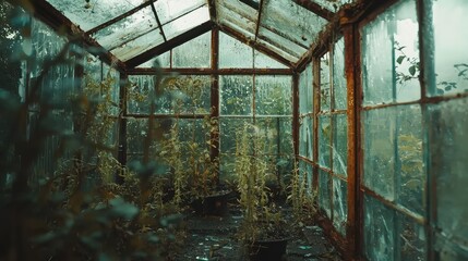 Abandoned Greenhouse with Overgrown Plants and Rainy Atmosphere