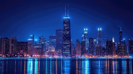 Obraz premium Stunning Night Skyline of Chicago with Brilliant Blue Lights