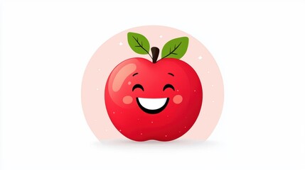Cheerful cartoon apple character with big smile and green leaves on light background
