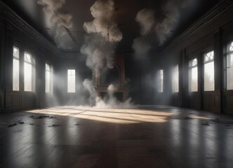 A dimly lit room with an empty floor and a large amount of smoke filling the air, dimly lit room, mysterious atmosphere