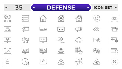 Set of Defense and security web icons in line style. Guard, cyber security, password, smart home, safety, data protection, key, shield, lock, unlock, eye access. Security outline icon set.
