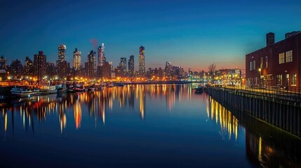 Serene Cityscape Reflection at Dusk Over Calm Water and Skyline