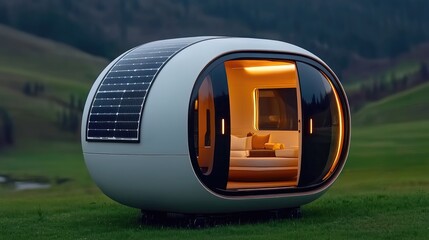Obraz premium Sustainable living showcase futuristic eco-pod scenic countryside architectural design natural setting eye-level perspective