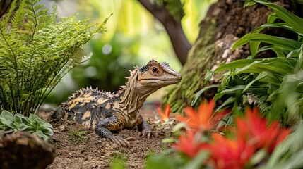 Obraz premium Exotic Lizard in Lush Tropical Forest with Vibrant Flora and Fauna