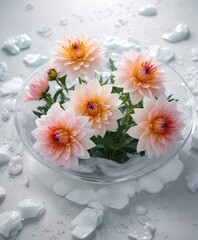 A delicate sprig of frozen dahlia flowers floating on a bed of ice in a shallow dish of creamy white milk , frozen dahlia, frozen bloom