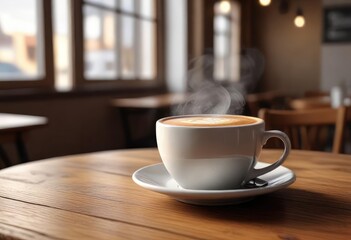 A delicate ceramic cup filled with steaming hot coffee sits on a wooden table in a quiet cafe, stillness, coffee, ceramic