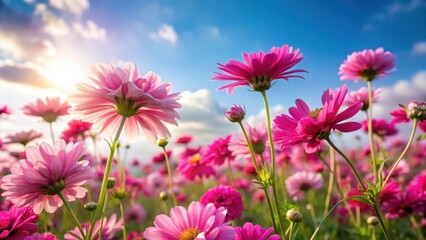 Fototapeta premium A field of vibrant pink flowers swaying gently in the breeze on a sunny day , pink flowers, outdoors