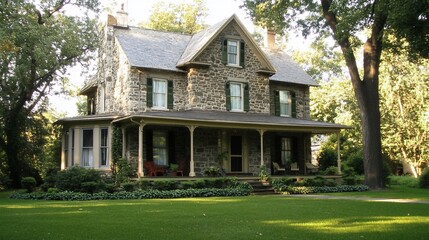Stone farmhouse with wrap-around porch, green lawn, mature trees.