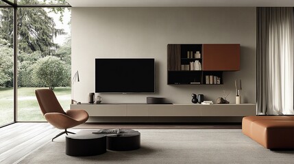 Modern living room with large TV, modular wall unit, comfy armchair, and coffee tables.