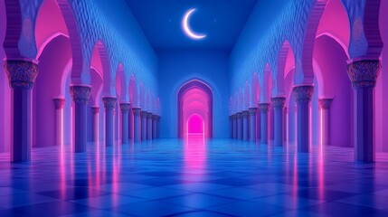 Fototapeta premium Neon Lit Islamic Hallway Leading To Pink Light